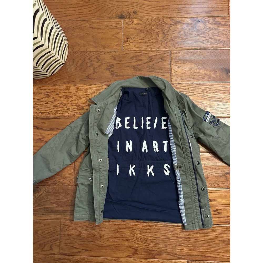 IKKS Boys Military Field Jacket Size 6 Olive Green Embroidered Graffiti Utility